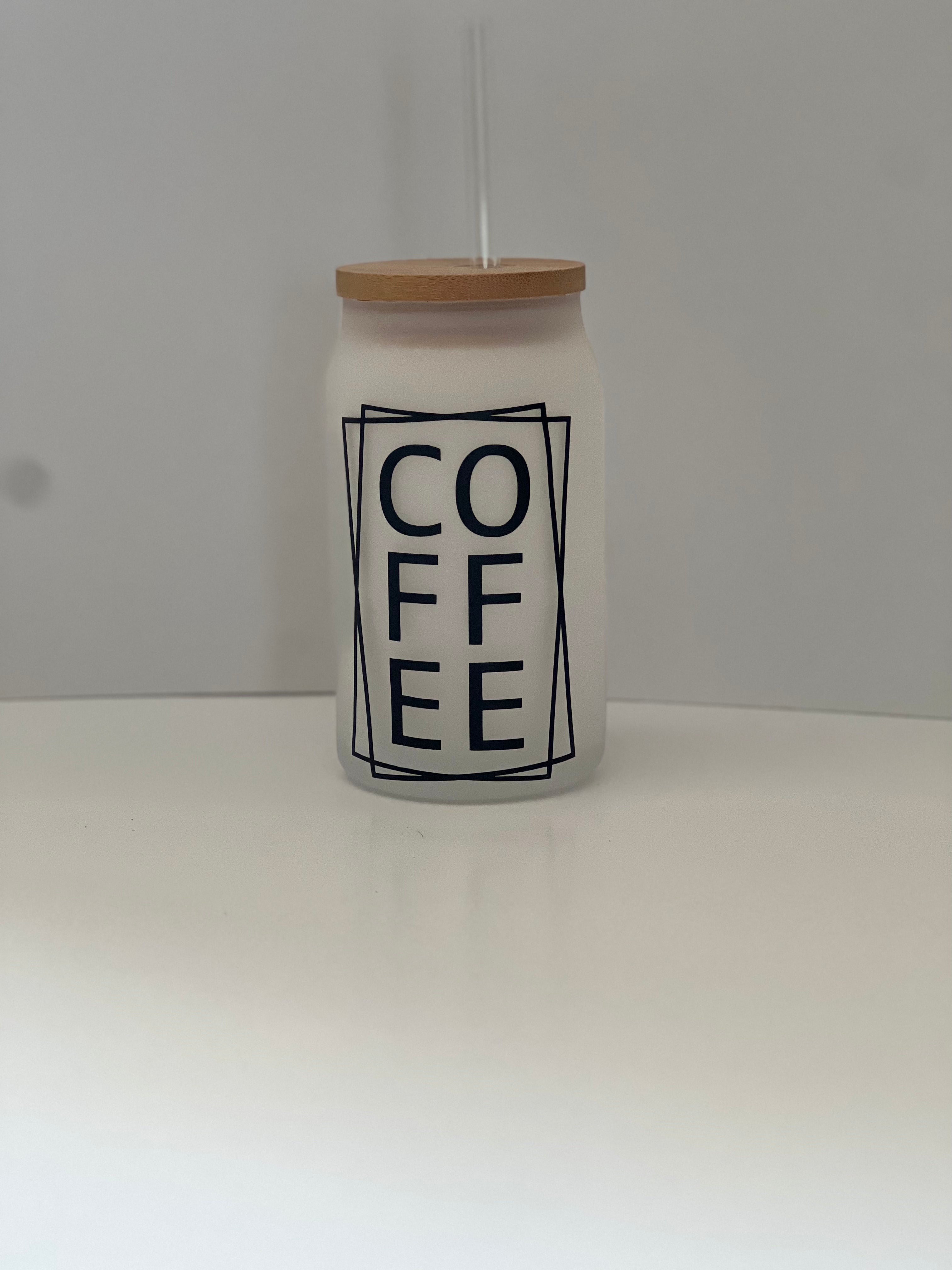 Coffee design 16oz. Frosted glass can with bamboo lid and straw