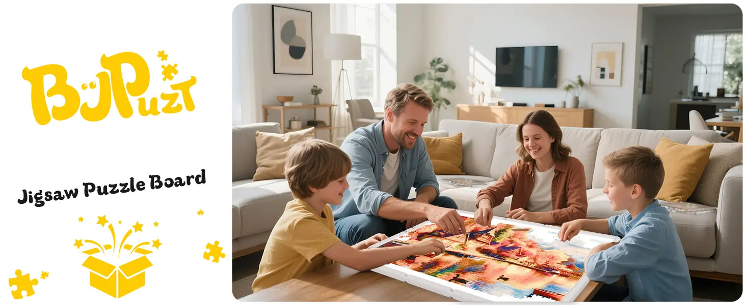 Family playing with a puzzle on a table, with BUPuzt logo on the left.