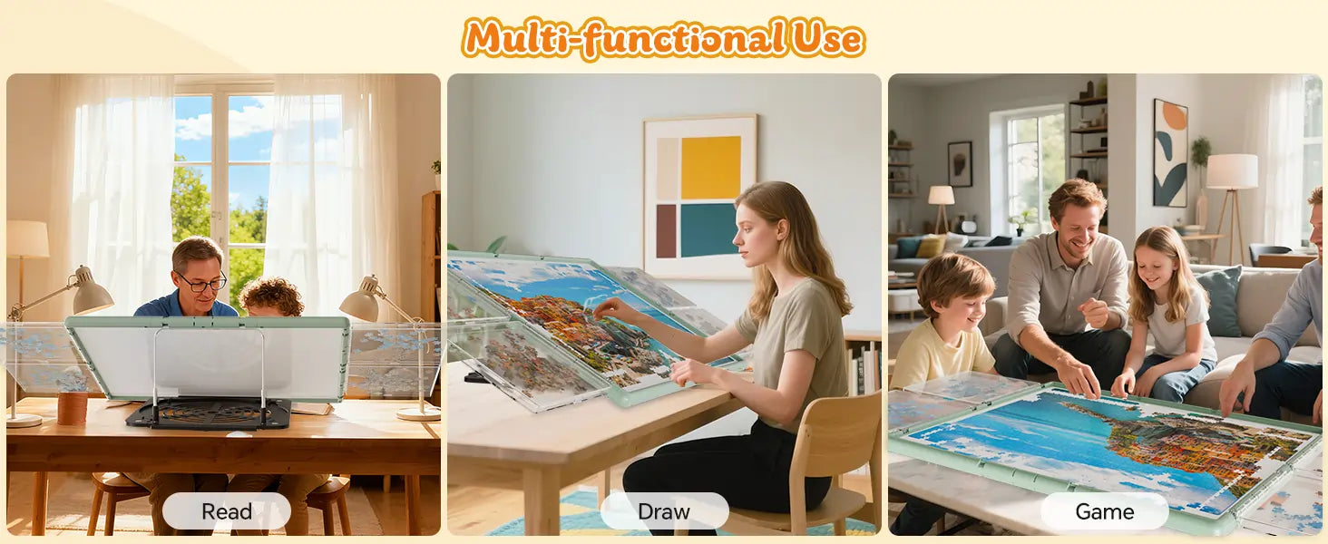 Three examples of the puzzle board's multi-functional use: as an easel for reading, a tilted surface for drawing, and a large board for family games.
