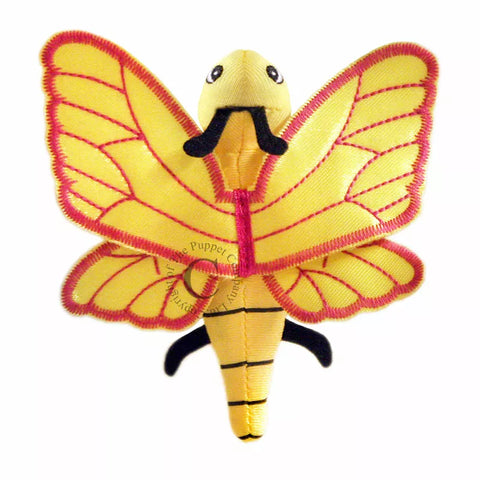 Yellow butterfly finger puppet with wings with red stripes and body with black stripes.