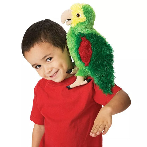 Green Parrot Hand Pupppet on child's shoulder.