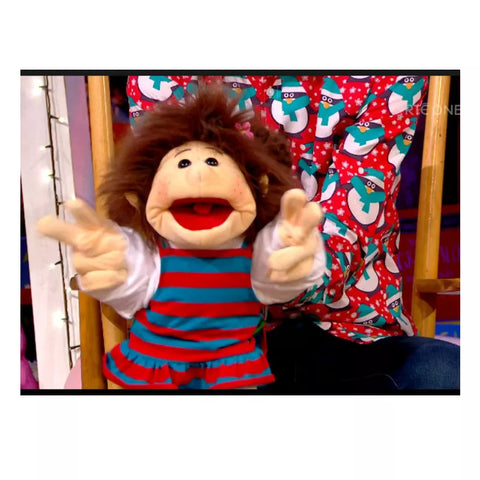 Hand Puppet with arms moving. Blue and red stripy top and dark hair and mouth moving.