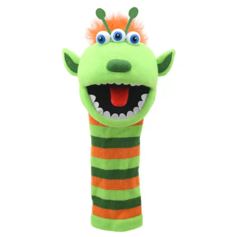 Sock Puppet with stripey green and orange body and green head with 3 eyes.