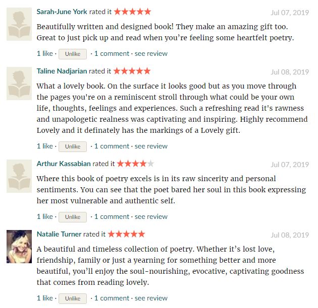 GoodReads reviews from readers of book "Lovely - Poetry on Love and Loss" Reviews Part 1