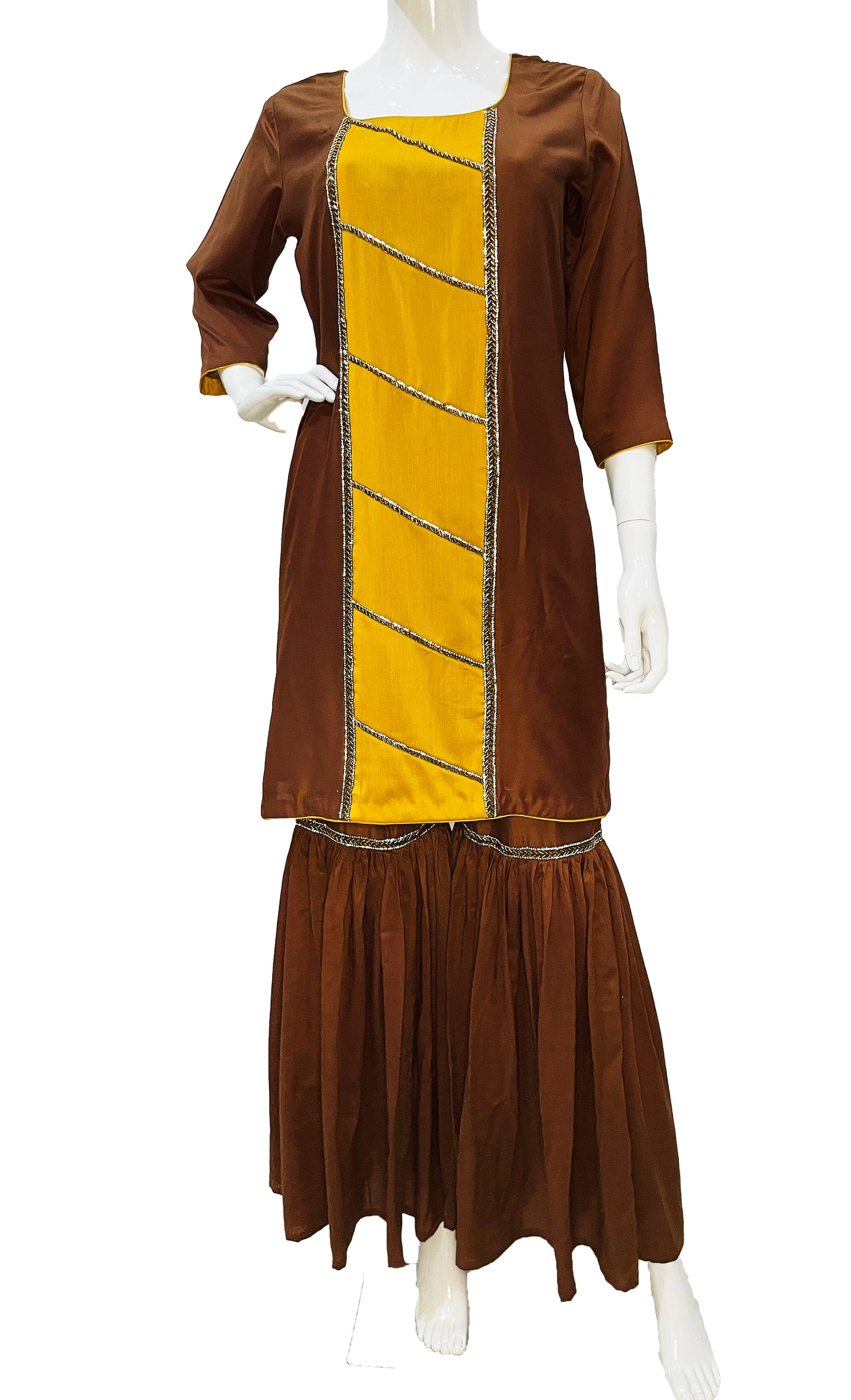 Brown Yellow Sharara Suit With Tie Dye Dupatta with Border