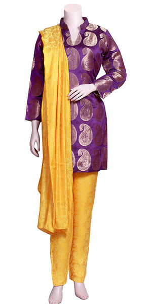 Purple Yellow Banarasi Silk Pant Suit Darpaha