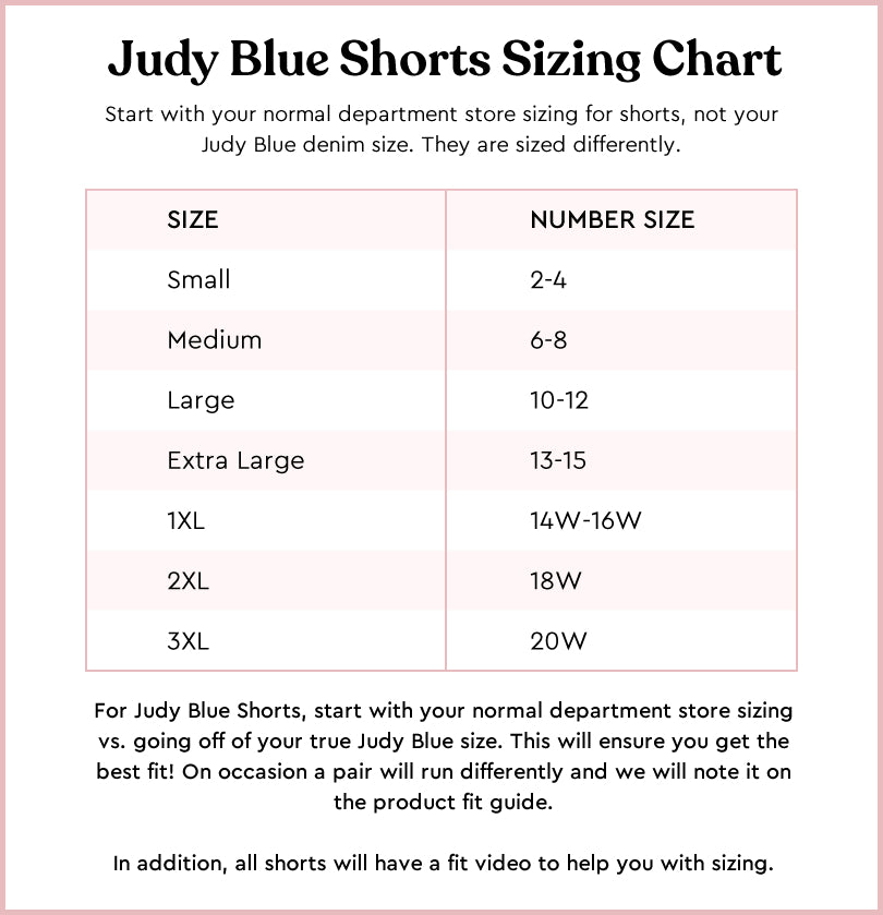 Judy Blue Shorts Sizing Chart