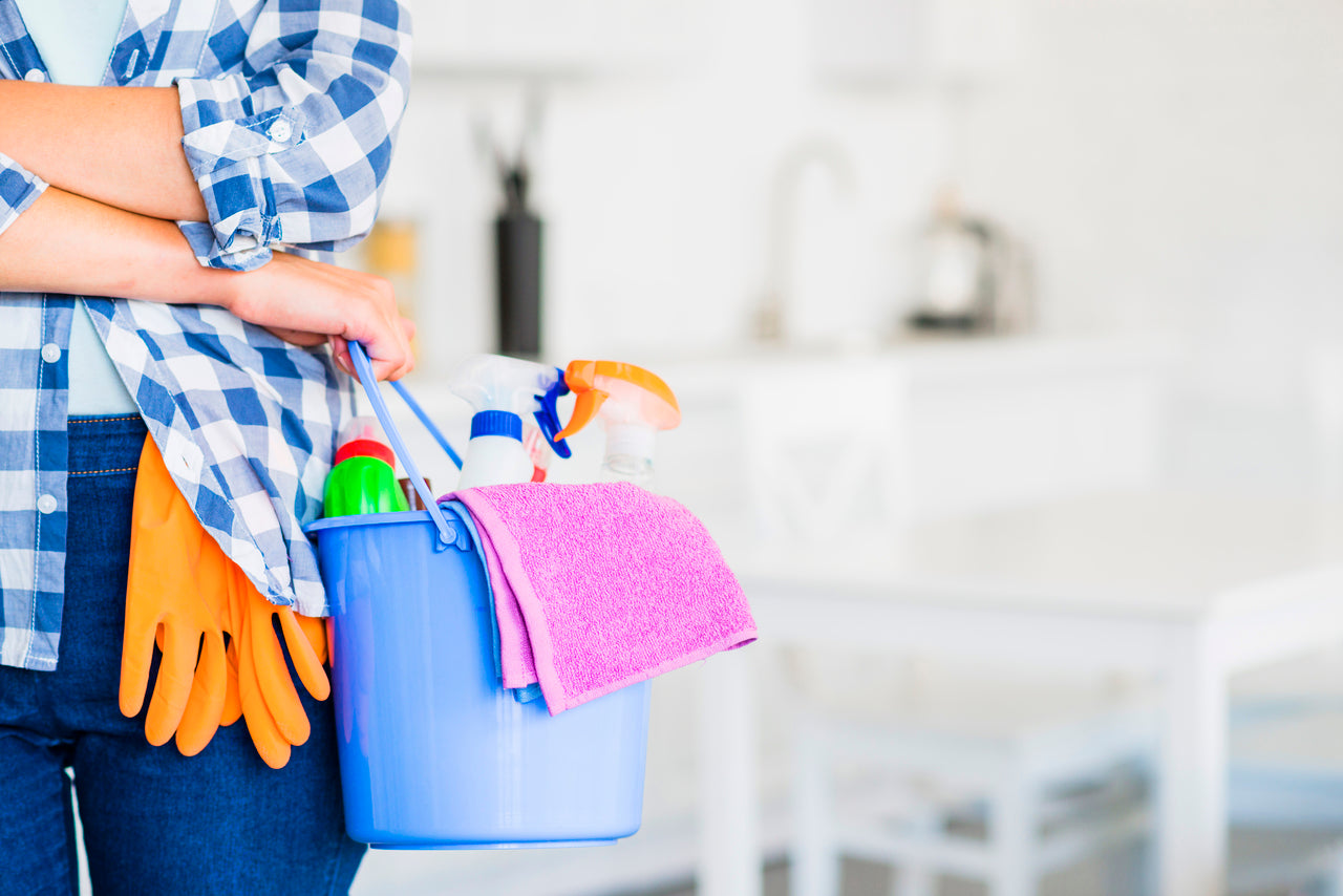 A mom holding house cleaning supplies