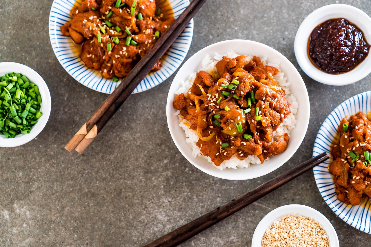 Korean BBQ beef on a bowl of rice