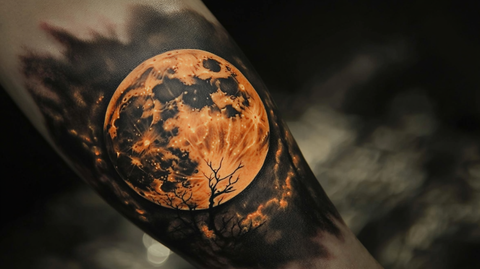 A detailed full moon tattoo on the forearm, showcasing intricate shading and realistic texture on the skin.