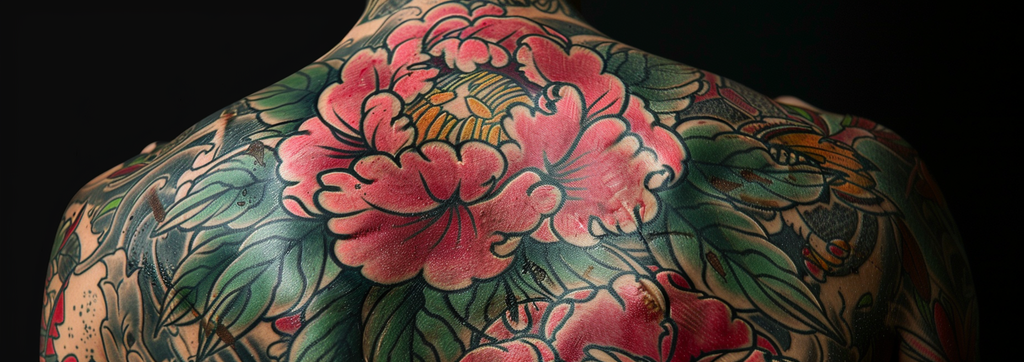 A vibrant tattoo cover-up featuring a large, detailed bouquet of roses, lilies, and peonies intertwined with lush green leaves, completely obscuring the original design