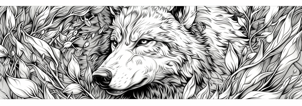 Coloring page with a wolf and plants.
