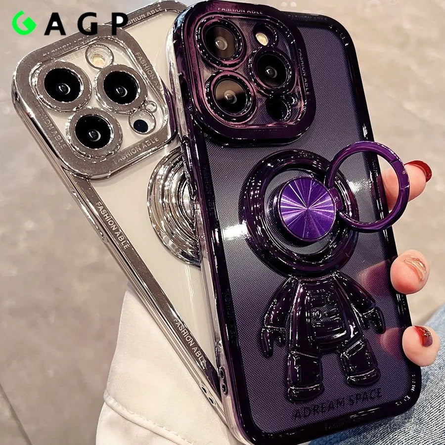 Astronaut Magnetic Ring Holder Case for iPhone 11 12 13 14 Pro Max Clear Plating for iphone 13 14 15 Pro Xs max XR 8 Plus Cover