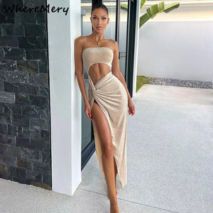 Summer Sexy Sleeveless Slit Dress Hollow Out Skinny Elegant Women Long Dresses - Latifa Beauty