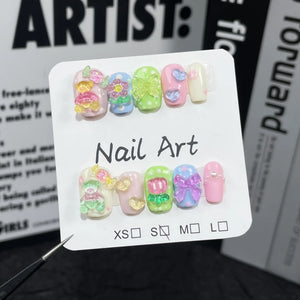 10Pcs Short Handmade Cute Press on Nails Sweet French Rhinestone - Latifa Beauty