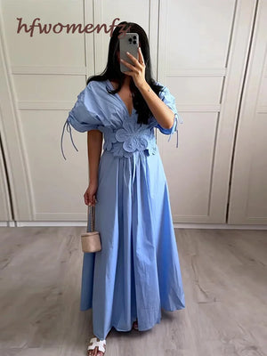 3D Flower Pleated Long Maxi Dress - Latifa Beauty