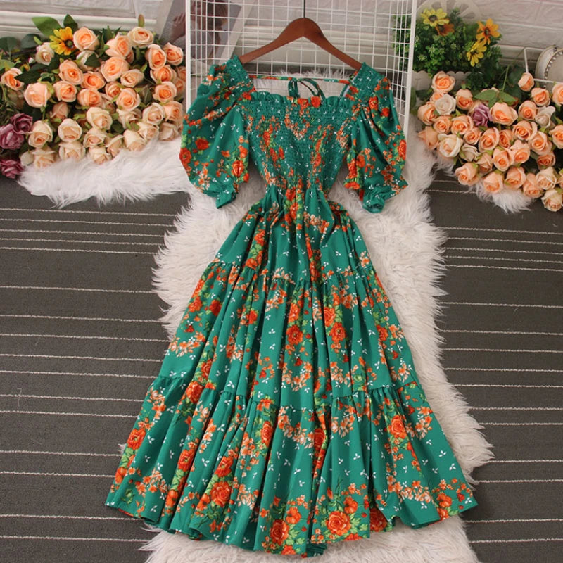 Korean Fashion Floral Print 2025 Party Dress Summer Short Puff Sleeve Vacation Women Long Dress Beach Vestidos