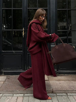 Elegant Burgundy Color Women's Loose Wide Leg Pants Set Chic Scarf Collar V-neck Knitted Sweater Suits Lady Street Knitwear - Latifa Beauty