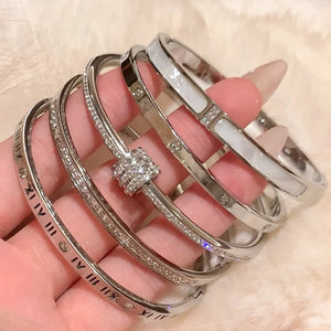 1pc Titanium Steel Silver Bracelet, Fashionable Classic Style, Stainless Steel Bracelet,Inlaid With Zircon, - Latifa Beauty