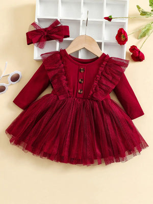 Two-Piece Baby Girl Romantic Small Flying Sleeve Long Sleeve Ruffled Mesh Dress + Bow Headscarf Spring And Autumn - Latifa Beauty