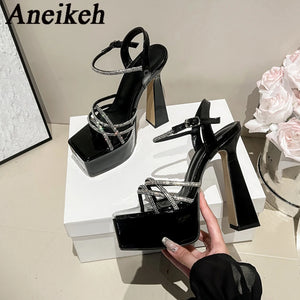 Aneikeh Summer New Cross Rhinestone with High Heels Platform Sandals Thick Heel Fashion Open Toe - Latifa Beauty