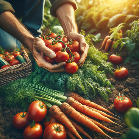 Hands harvesting ripe tomatoes and carrots from a home garden