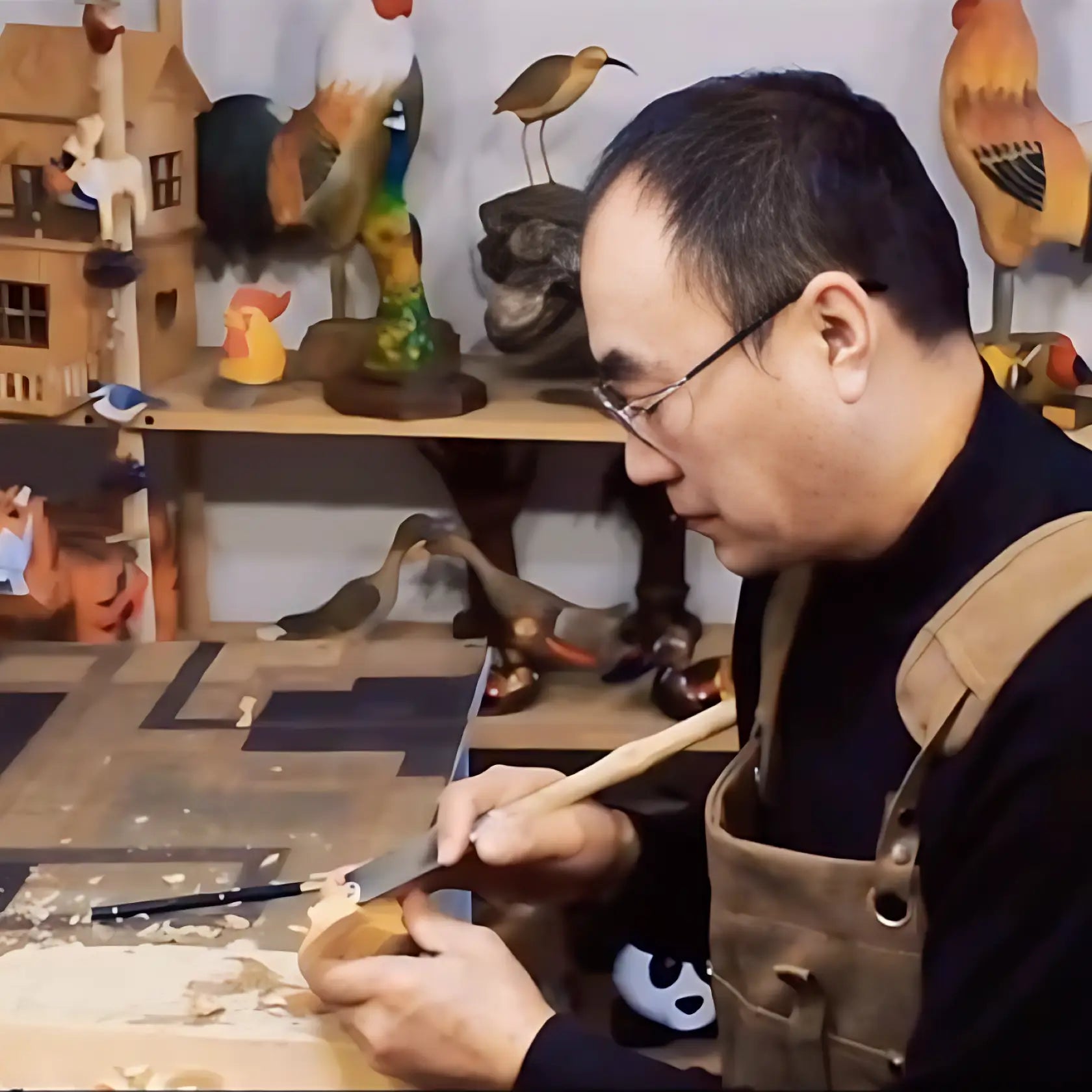 Artisan at Work, Carving a Wooden Bird Lin