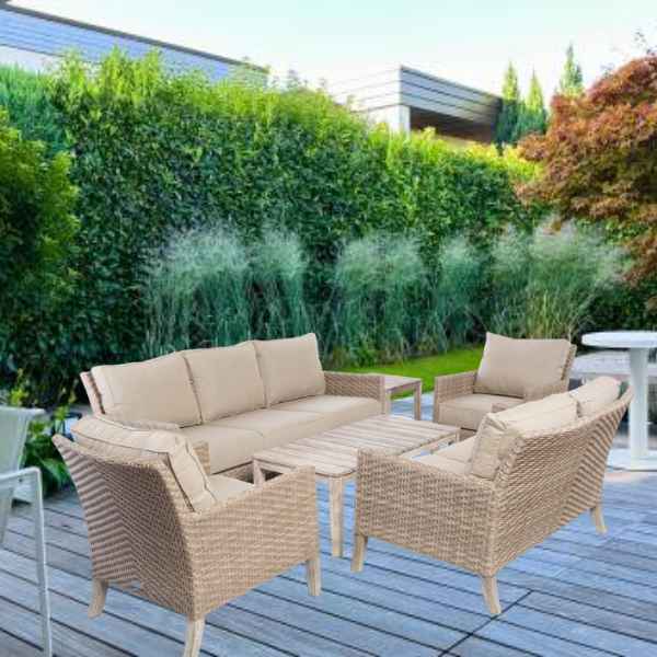 Alfresco Home Cornwall Woven Wood Deep Seating Conversation Set w/ Taupe Cushions