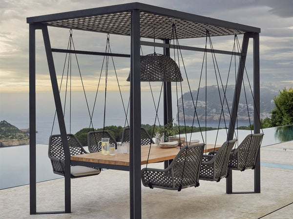 Skyline Design Horizon Pergola with Lamp Hanging Chairs & Teak Table