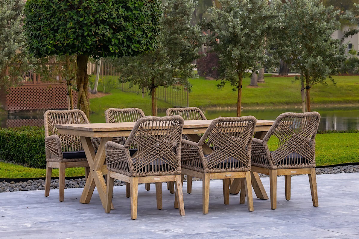 OUTSY Santino 7-Piece Outdoor Dining Set - Wood Table with 6 Wood, Aluminum, and Rope Chairs
