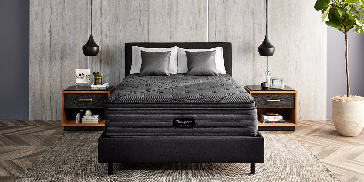 Beautyrest Black pillow top mattress in a luxurious bedroom scene