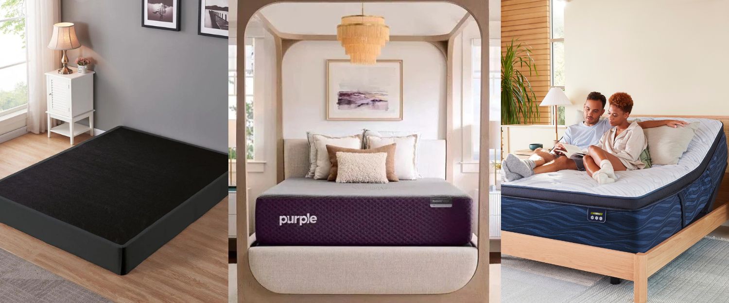 Three images in a row - one: a box spring, two: a platform bed, three: an adjustable base