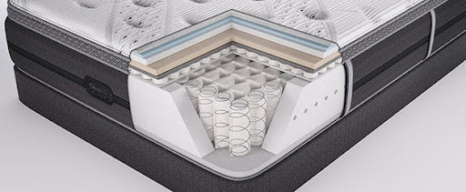 The corner of a mattress is cut out to show the inner layers of a mattress - springs, foam, and quilt cover