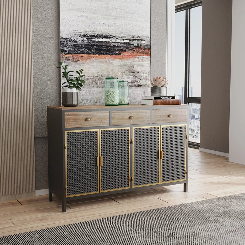 Modern Rattan Sideboard in Grey with Gold Trim