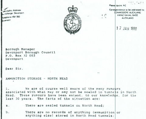 NZDF letter stating there are sealed tunnels at North Head