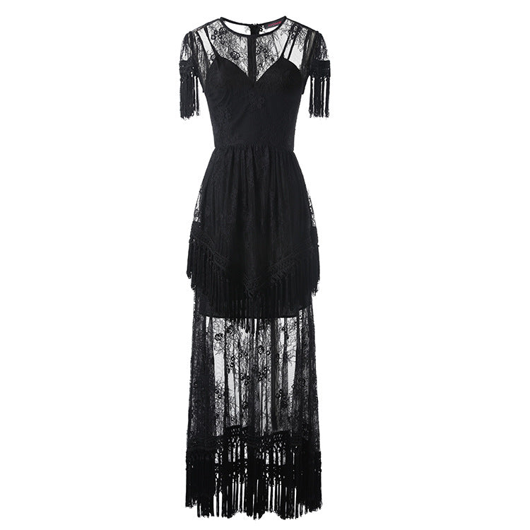 On Second Thought: Lace Tassel Dress with High Low Fringe