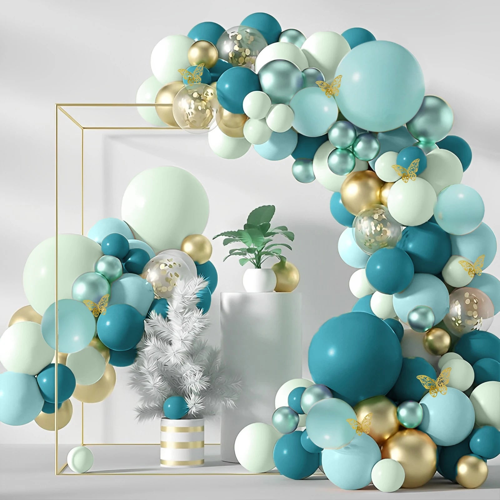 Triogift 133Pcs Balloons Garland Arch Kit Latex Blue Green Balloons Turquoise Sequined Balloon with Butterfly Birthday Party Supply