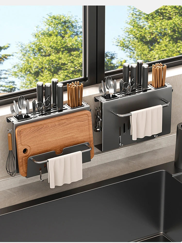 Triogift Multi-function Kitchen Knife Holder Wall-mounted Chopsticks Tube Rack Drain Integrated Storage Organizer Knives Hanger Hooks