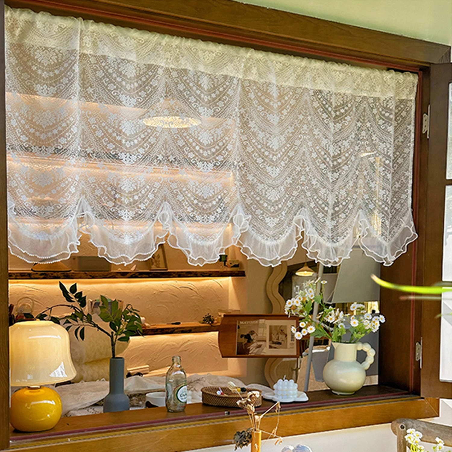 Triogift 1PC Romantic White Lace Valance Short Curtain for Small Window Princess Room Sheer Voile Drape Partition Study #E