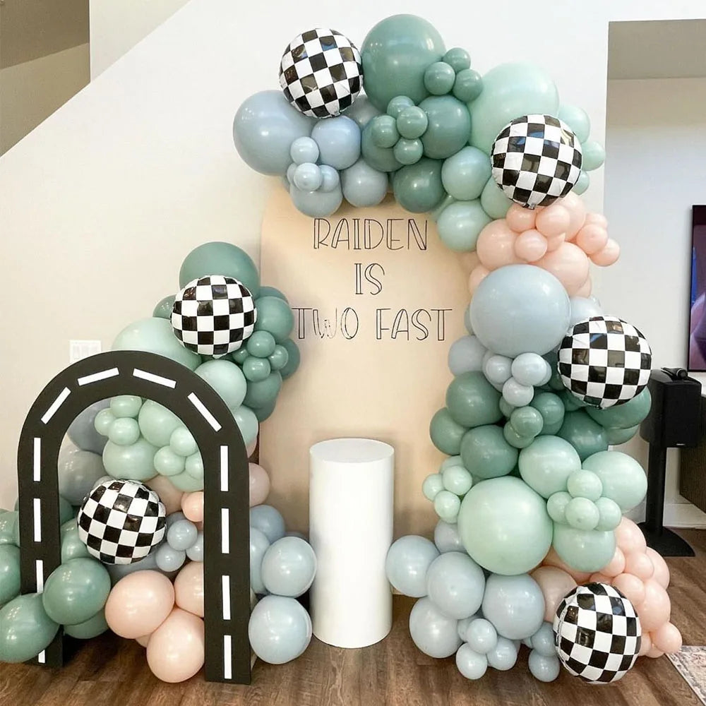 Triogift 135Pcs Race Car Balloon Garland Arch Kit Dusty Blue Green Latex Balloon Checkered Foil Balloons for Two Fast Party Decorations