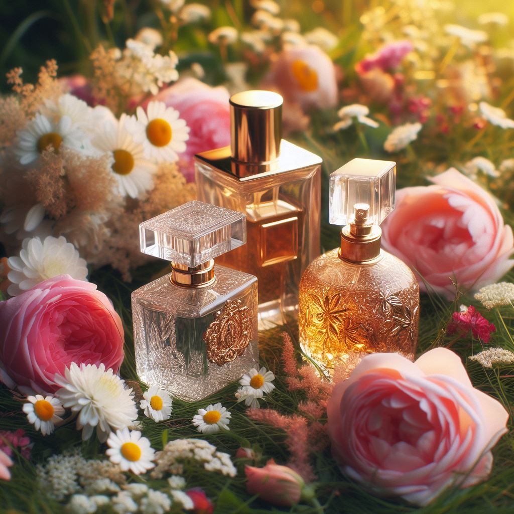 The image depicts a charming and idyllic scene featuring three elegant perfume bottles set amidst a vibrant garden. The bottles, adorned with intricate designs and gold accents, are beautifully arranged among a variety of blooming flowers, including pink roses and white daisies. The lush greenery and delicate blossoms create a natural, romantic backdrop. Soft sunlight filters through, casting a warm, golden glow over the scene, enhancing the luxurious and enchanting atmosphere. The overall composition blends the beauty of nature with the sophistication of high-end perfumes, evoking a sense of freshness, romance, and elegance.