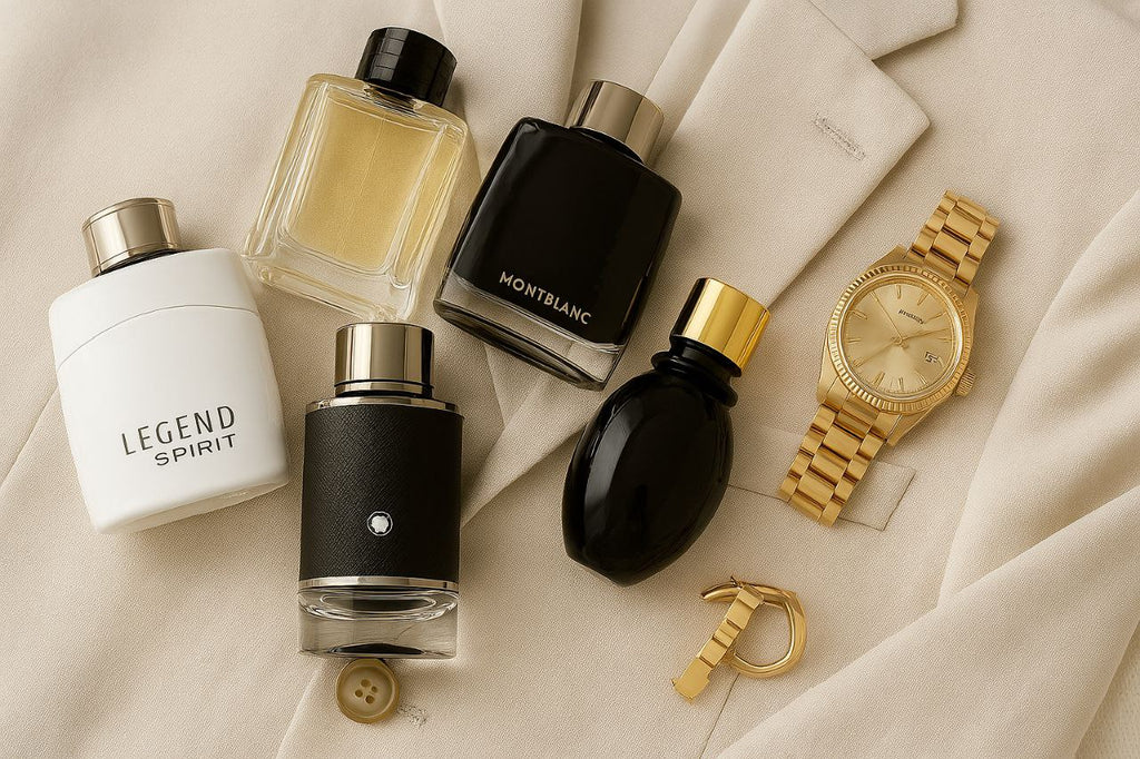 The image features a stylish flat lay composition that showcases an elegant beige suit jacket as the background for an array of luxurious men's accessories. Prominently displayed are five Montblanc perfumes, including the sleek white bottle of Legend Spirit and the iconic black Montblanc Legend. Each fragrance bottle reflects a distinct design, ranging from classic transparent glass to textured black finishes with metallic accents. Accompanying the perfumes are a sophisticated gold wristwatch and a matching gold keyring, enhancing the overall aura of refined masculinity and timeless style. This composition perfectly blends fashion, fragrance, and prestige.