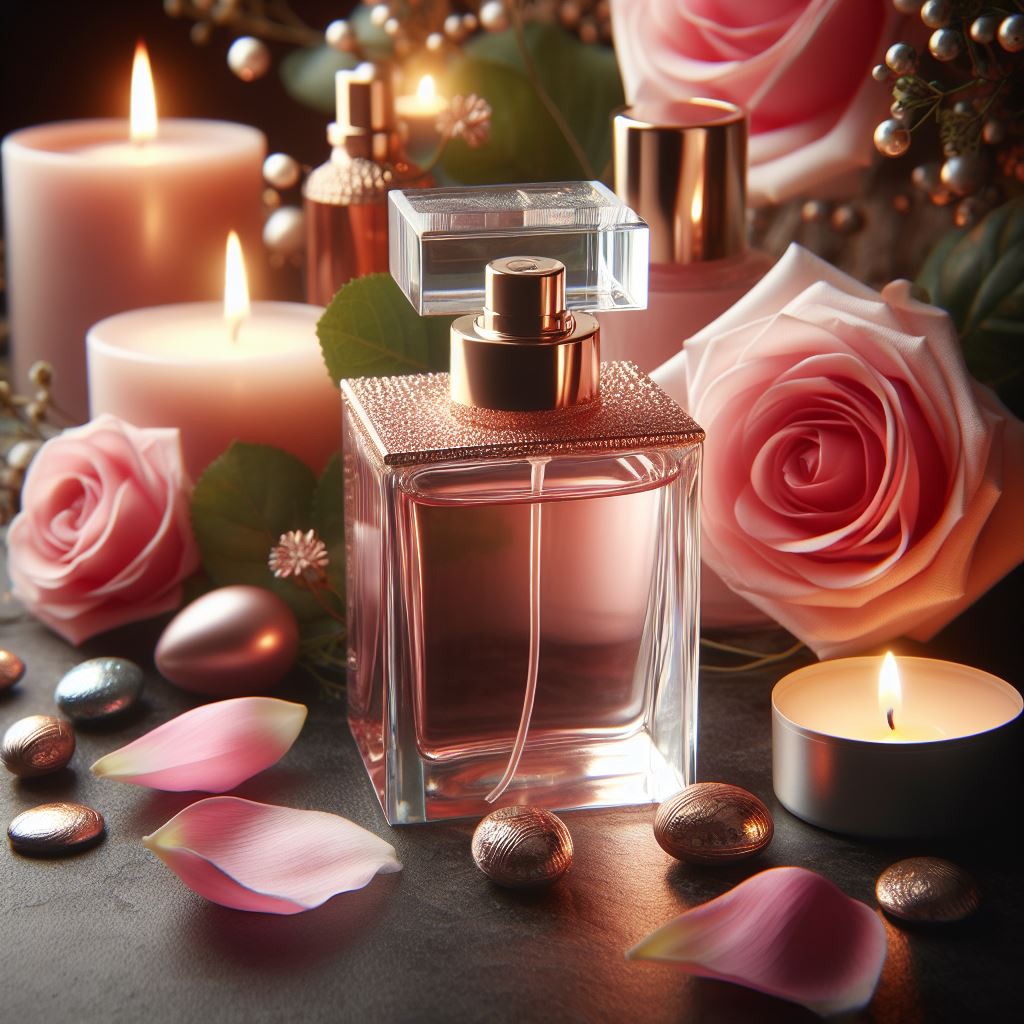 A luxurious perfume bottle sits at the center of an elegantly arranged still life. The clear glass bottle has a rectangular shape with a textured, rose-gold cap and is partially filled with pink liquid, suggesting a floral scent. Surrounding the bottle are soft pink roses, lit candles in various sizes, and small metallic decorations, creating a warm, romantic ambiance. The soft lighting emphasizes the tranquil and intimate setting, evoking a sense of serene beauty.