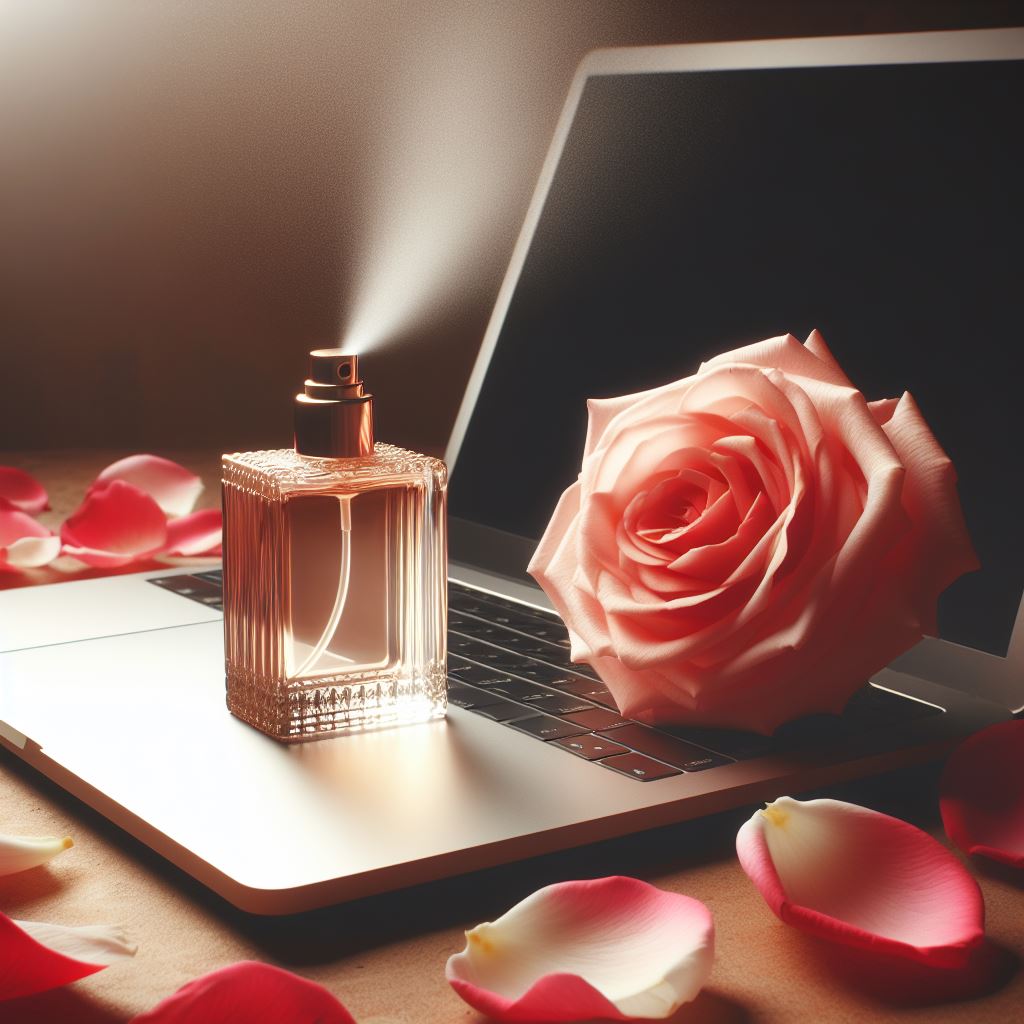 This image features an elegant square glass perfume bottle with a textured design and a rose gold cap, from which a fine mist is being sprayed, positioned on a laptop keyboard. To the right of the bottle, a large, soft pink rose in full bloom rests on the laptop, partially obscuring the screen. The warm, ambient lighting enhances the rose's delicate petals and creates soft shadows on the laptop surface. Scattered around are silky rose petals in various shades of pink and white, contributing to a romantic and sophisticated atmosphere. The laptop screen is dark, focusing all attention on the perfume and the rose.