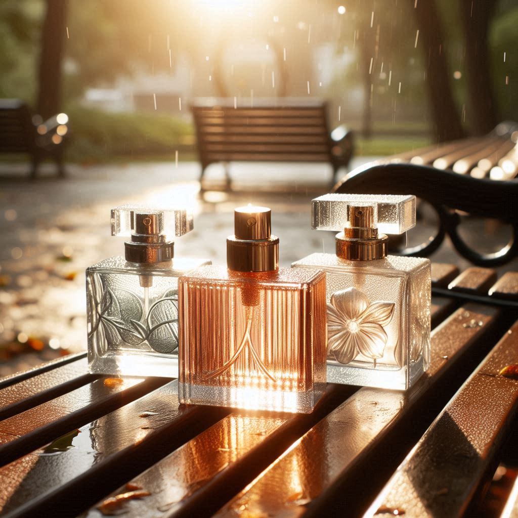 The image shows three perfume bottles placed on a wooden bench in a park setting. The background features trees and another bench, bathed in warm sunlight with visible sunbeams and raindrops suspended in the air. This serene and magical atmosphere highlights the elegance of the perfume bottles against the natural elements.