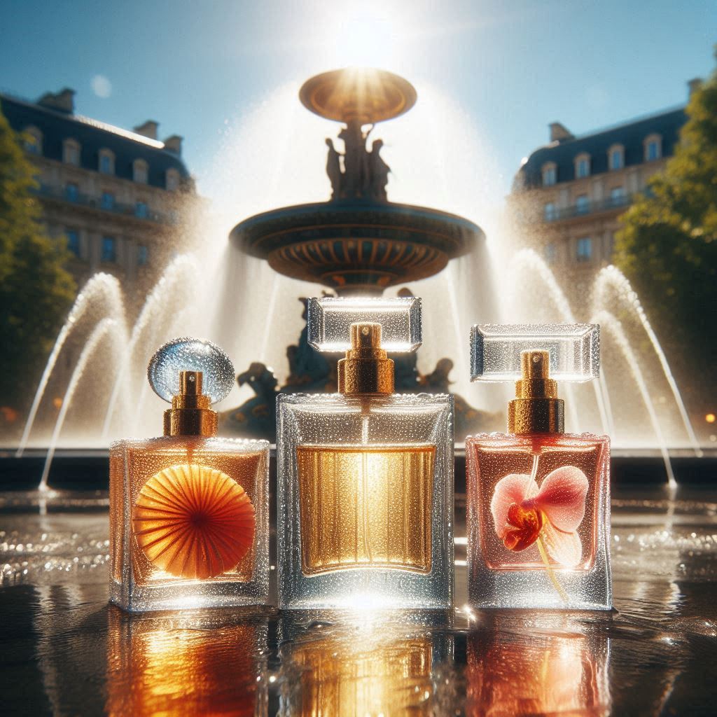 The image features three ornate perfume bottles in the foreground, with a grand fountain and statue in the background. Sunlight filters through the water jets, creating a luminous effect around the bottles. This setting highlights the luxury and elegance of the perfumes, suggesting an atmosphere of opulence and beauty.