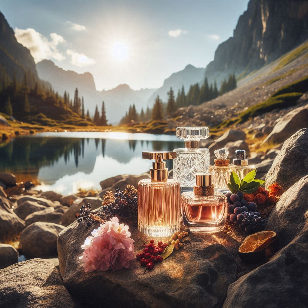 The image shows a collection of five perfume bottles of various designs and sizes, placed on rocks beside a serene mountain lake. The setting is outdoors during what appears to be sunrise or sunset, as indicated by the warm sunlight and long shadows. The natural backdrop features steep mountain slopes, a calm lake reflecting the sky and mountains, and some greenery. This scene is interesting because it juxtaposes the elegance of perfume bottles with the rugged beauty of nature, creating a contrast between man-made luxury items and the wilderness.