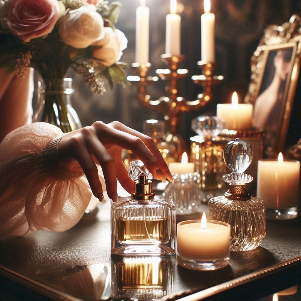 The image shows a close-up of a hand pressing the nozzle of a perfume bottle. The setting is luxurious, with lit candles and a bouquet of flowers in the background, creating a warm and intimate atmosphere. This scene suggests an elegant and opulent moment of personal grooming.