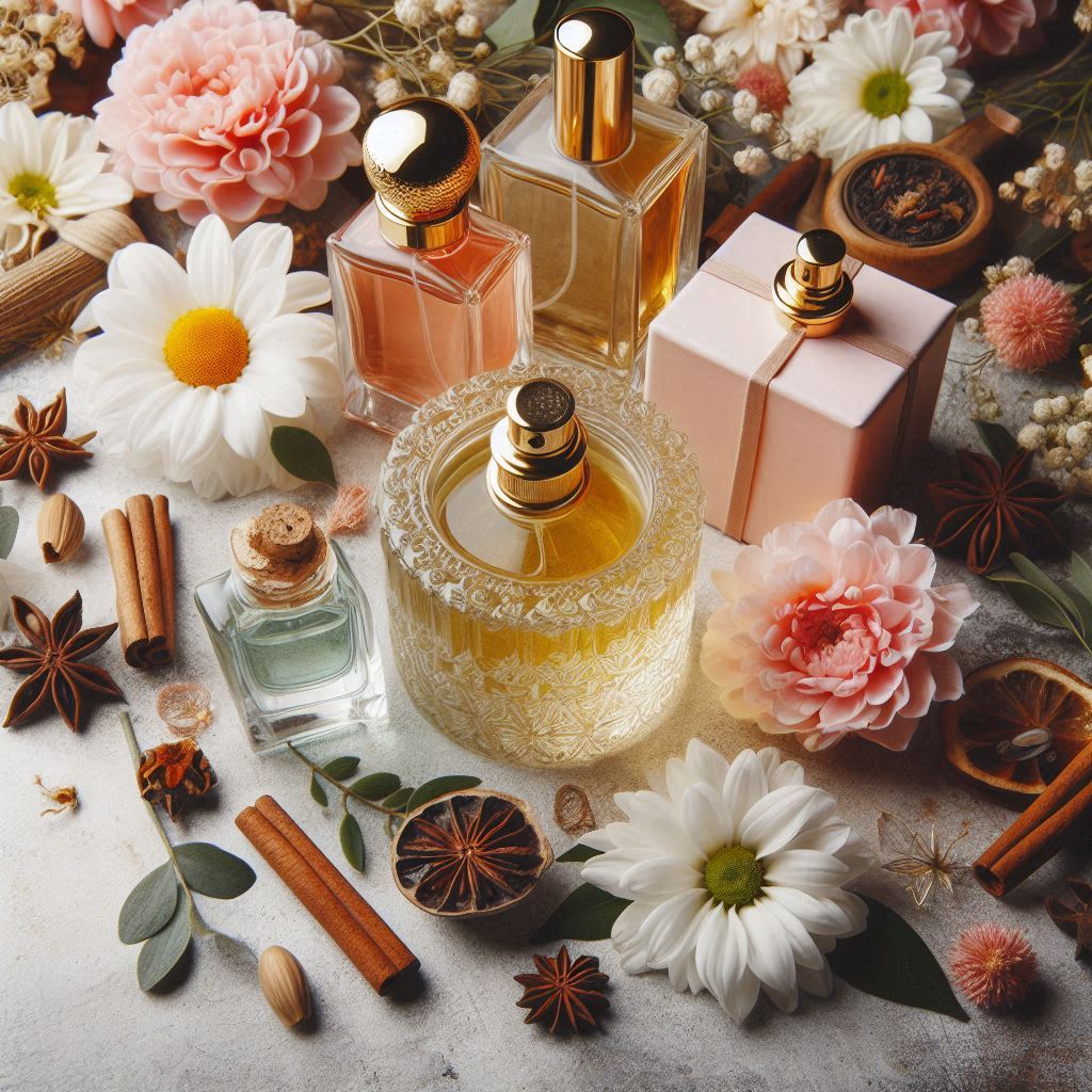 The image showcases a collection of perfume bottles, with a round glass bottle filled with yellow liquid at the center. The arrangement includes bottles with geometric and smooth pink surfaces, set among white and pink flowers, cinnamon sticks, star anise pods, nutmeg seeds, and delicate greenery, all placed on a textured surface to evoke a sense of luxury.