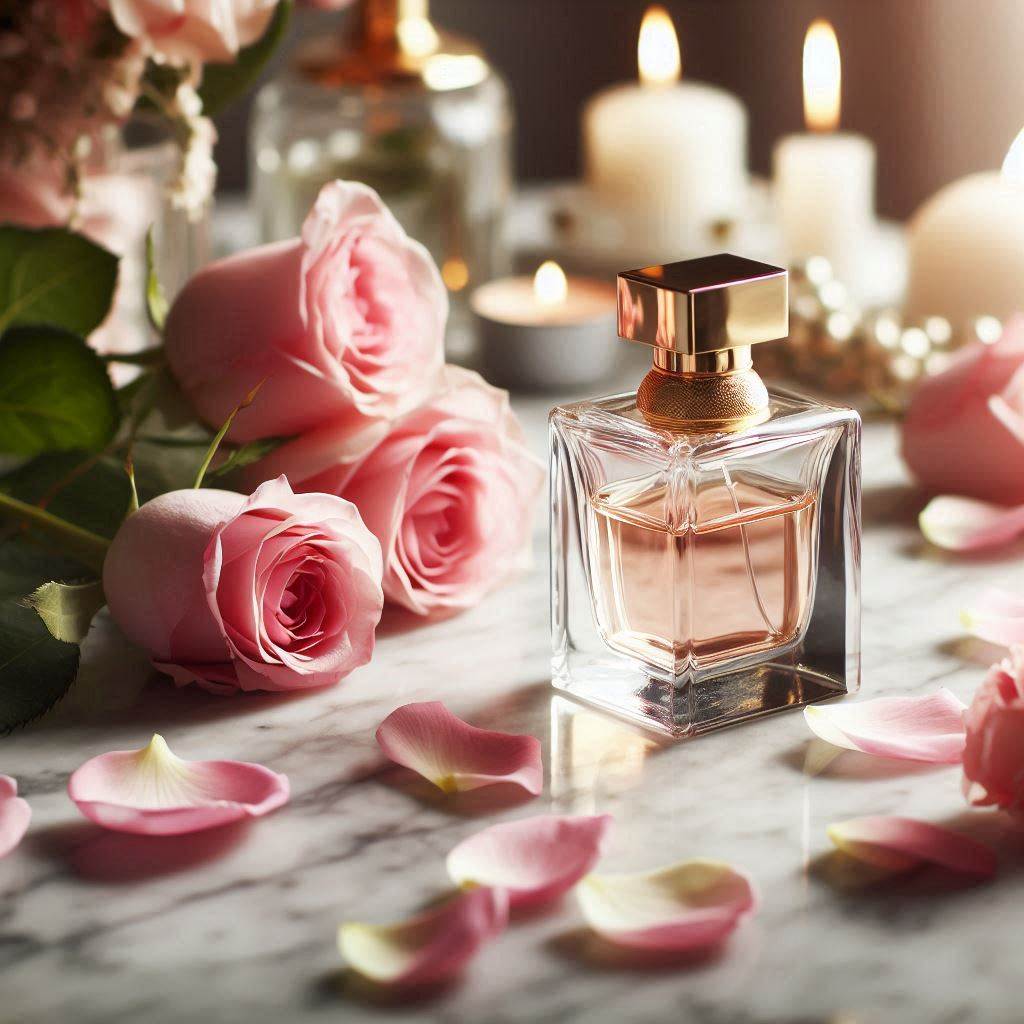 The image displays a transparent glass perfume bottle with a golden cap, placed on a marble surface. Surrounding the bottle are several pink roses and scattered rose petals, enhancing the aesthetic of luxury and elegance. The soft lighting and the arrangement of flowers suggest a serene and sophisticated atmosphere.